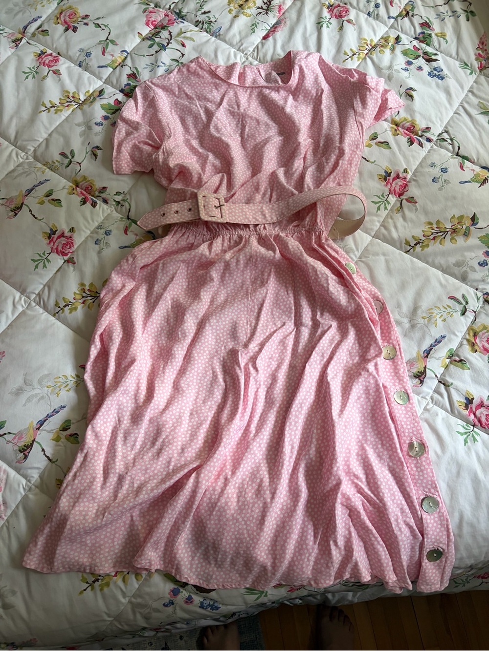 Carol Anderson vintage 80s 90s size 14 petite belted pink white polka dot dress